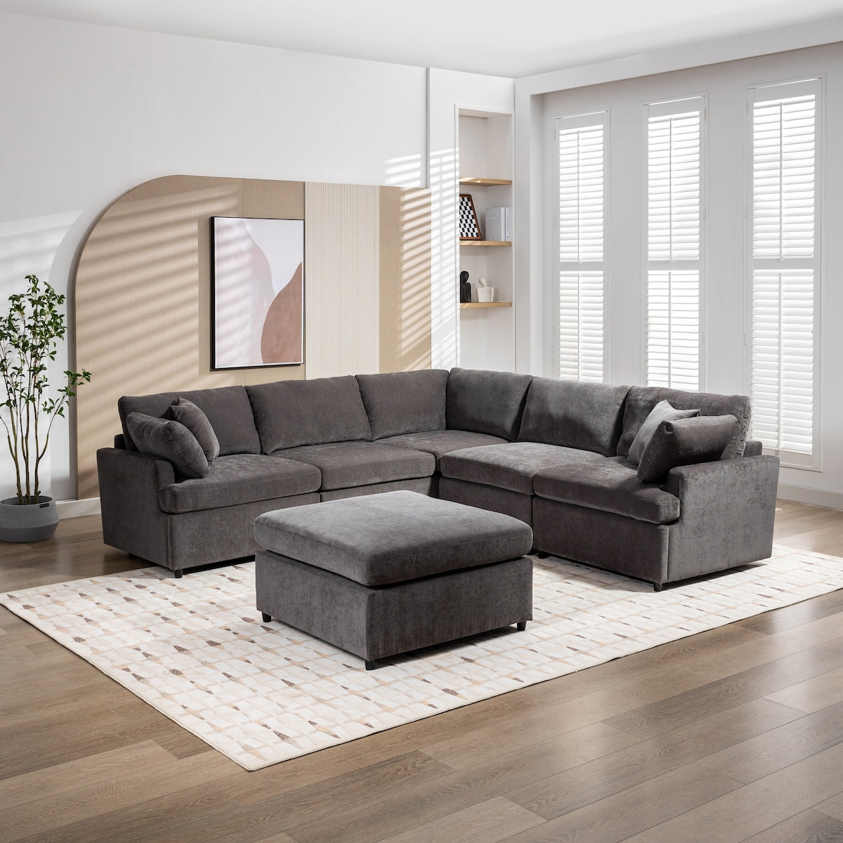 Modern Large U-Shape Sectional Sofa, with Removable Ottomans for Living Room (6-Seater)