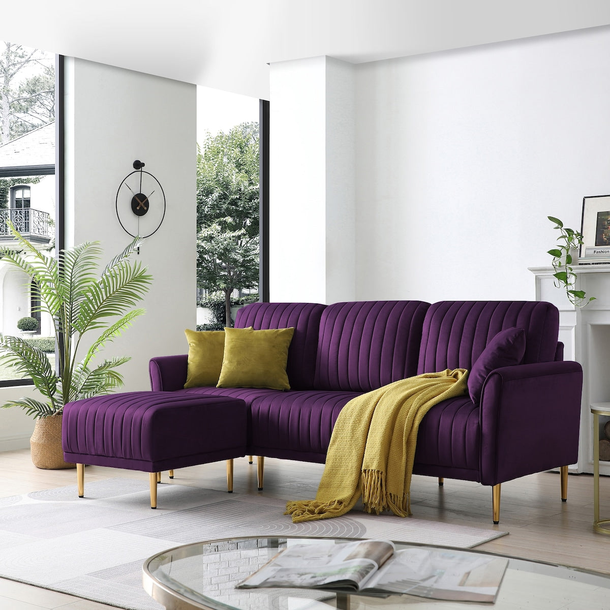 Modern Large Velvet Fabric L-Shape Chaise Lounge Couch Sectional Sofa Eggplant