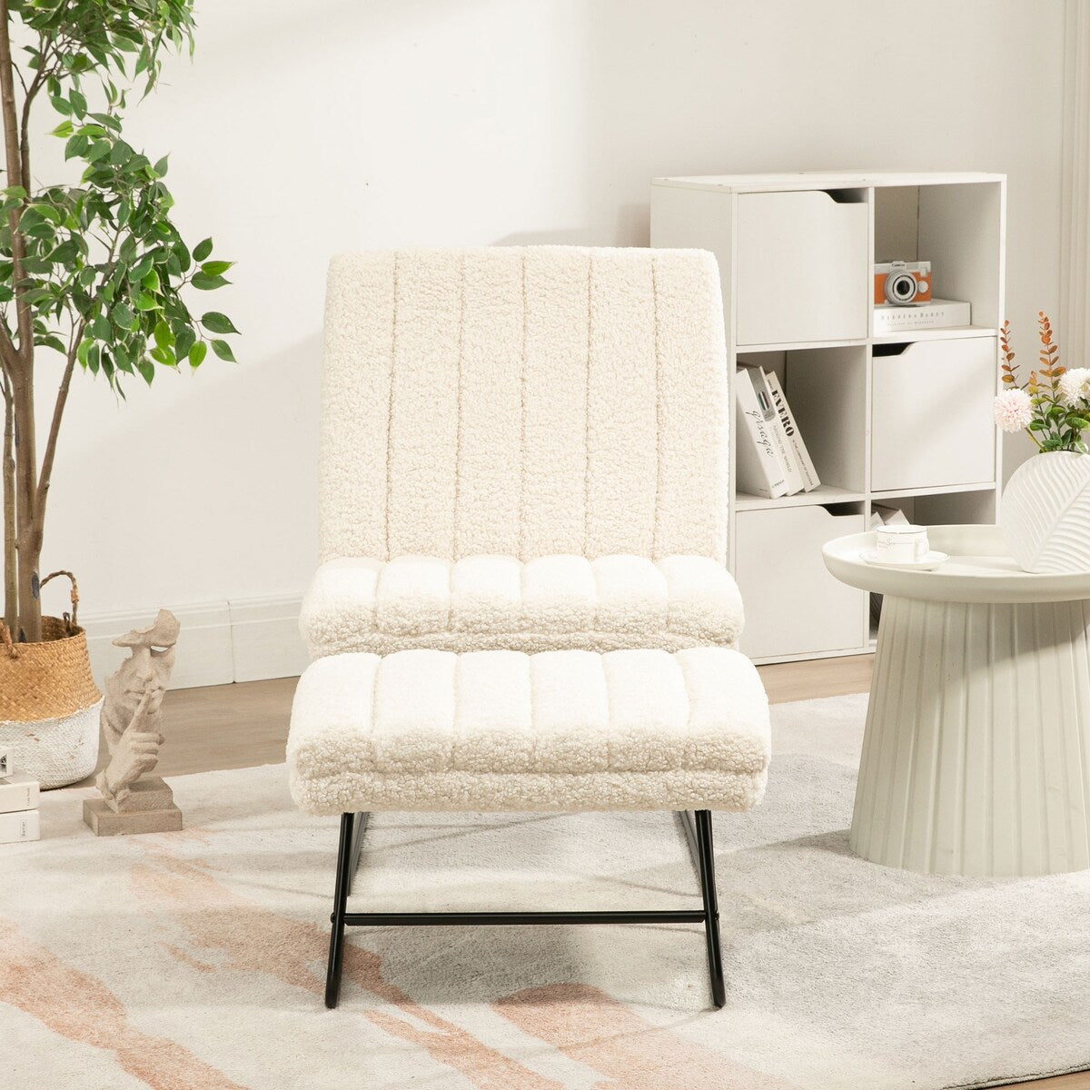 Modern Lazy Lounge Chair with metal frame, Single Leisure Upholstered Sofa Chair Set, Cream White
