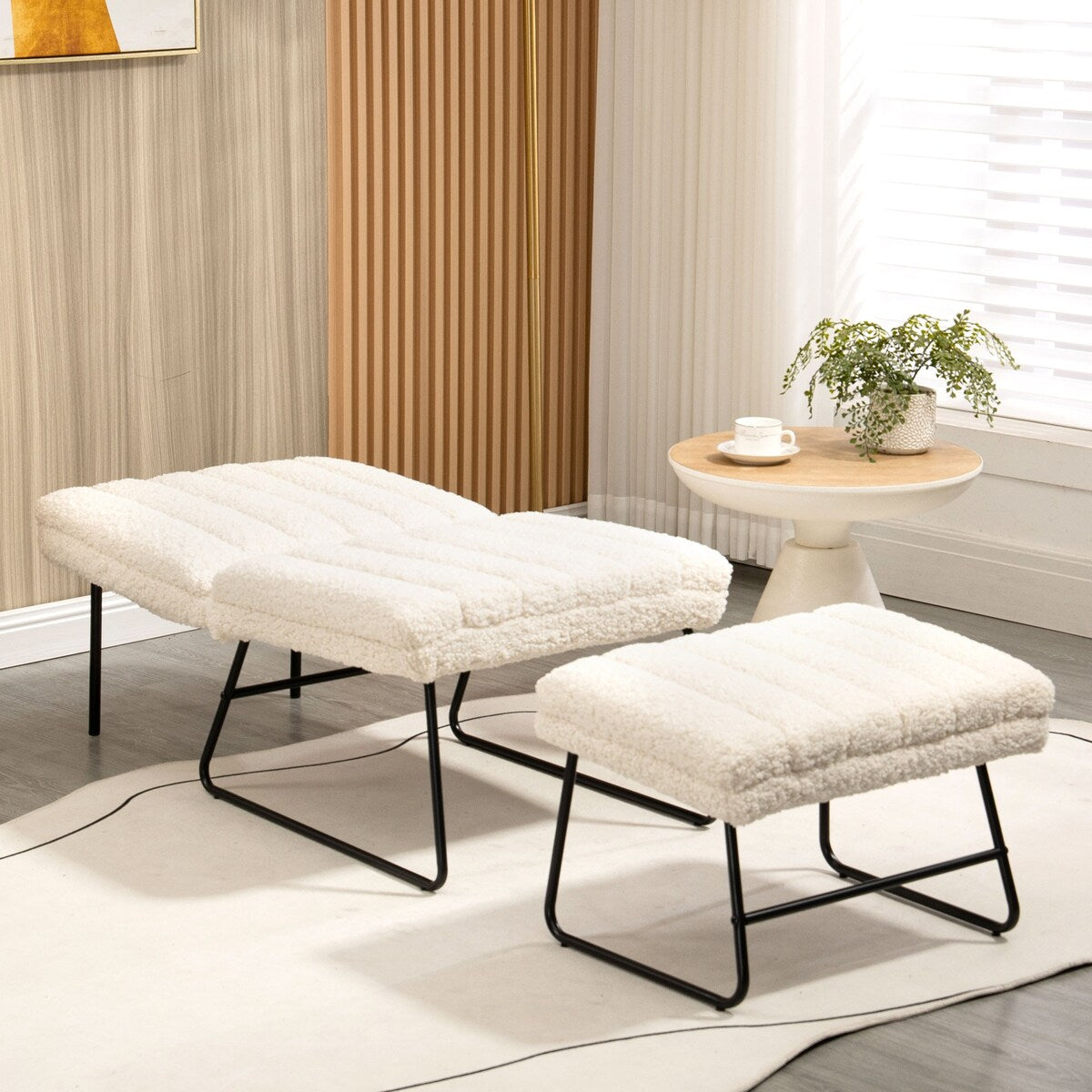 Modern Lazy Lounge Chair with metal frame, Single Leisure Upholstered Sofa Chair Set, Cream White