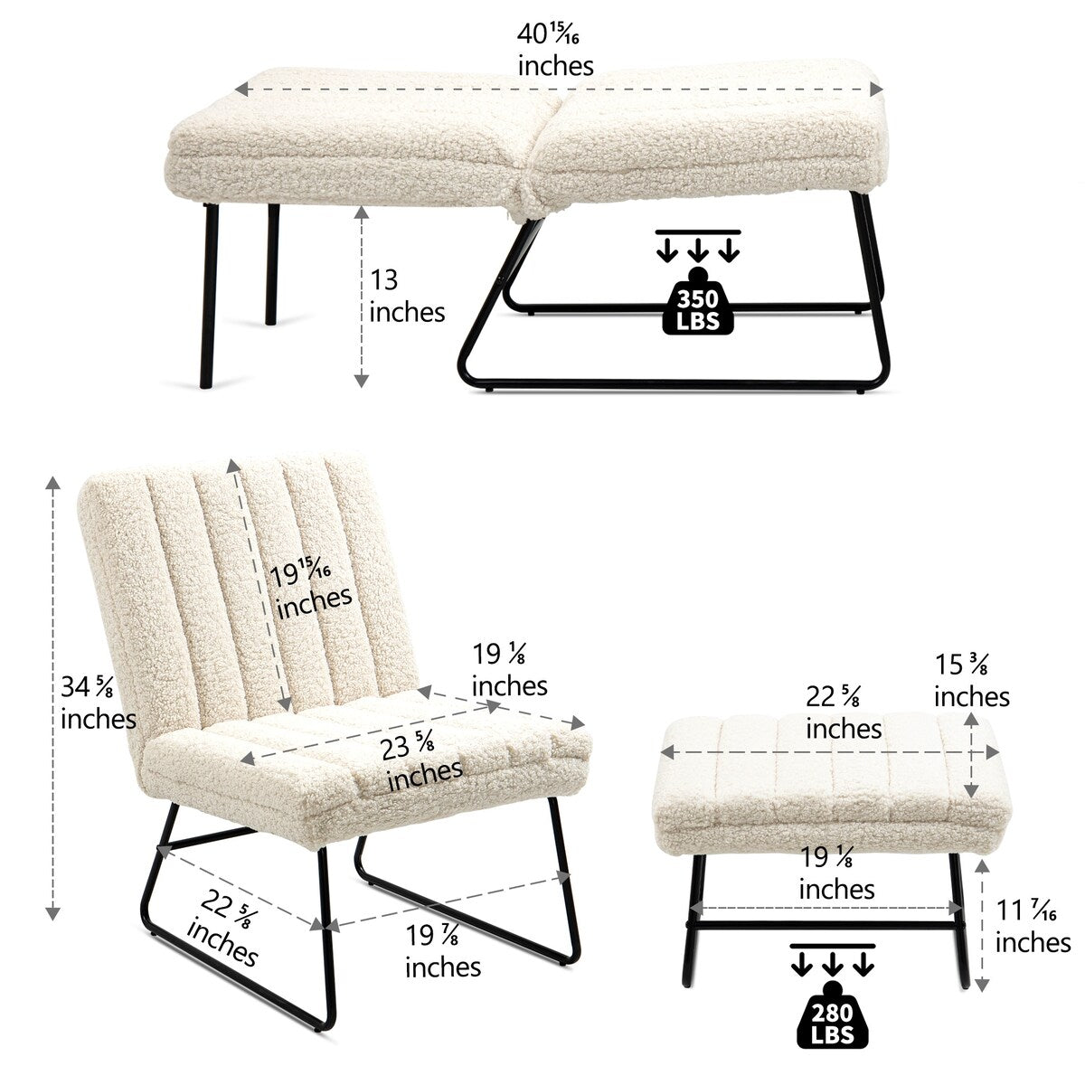 Modern Lazy Lounge Chair with metal frame, Single Leisure Upholstered Sofa Chair Set, Cream White