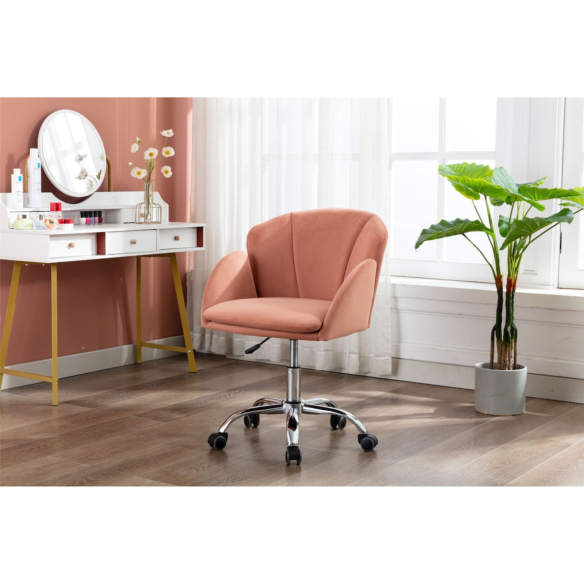 Modern Leisure Swivel Adjustable Office Chair with Velvet Fabric and Golden Feet Base