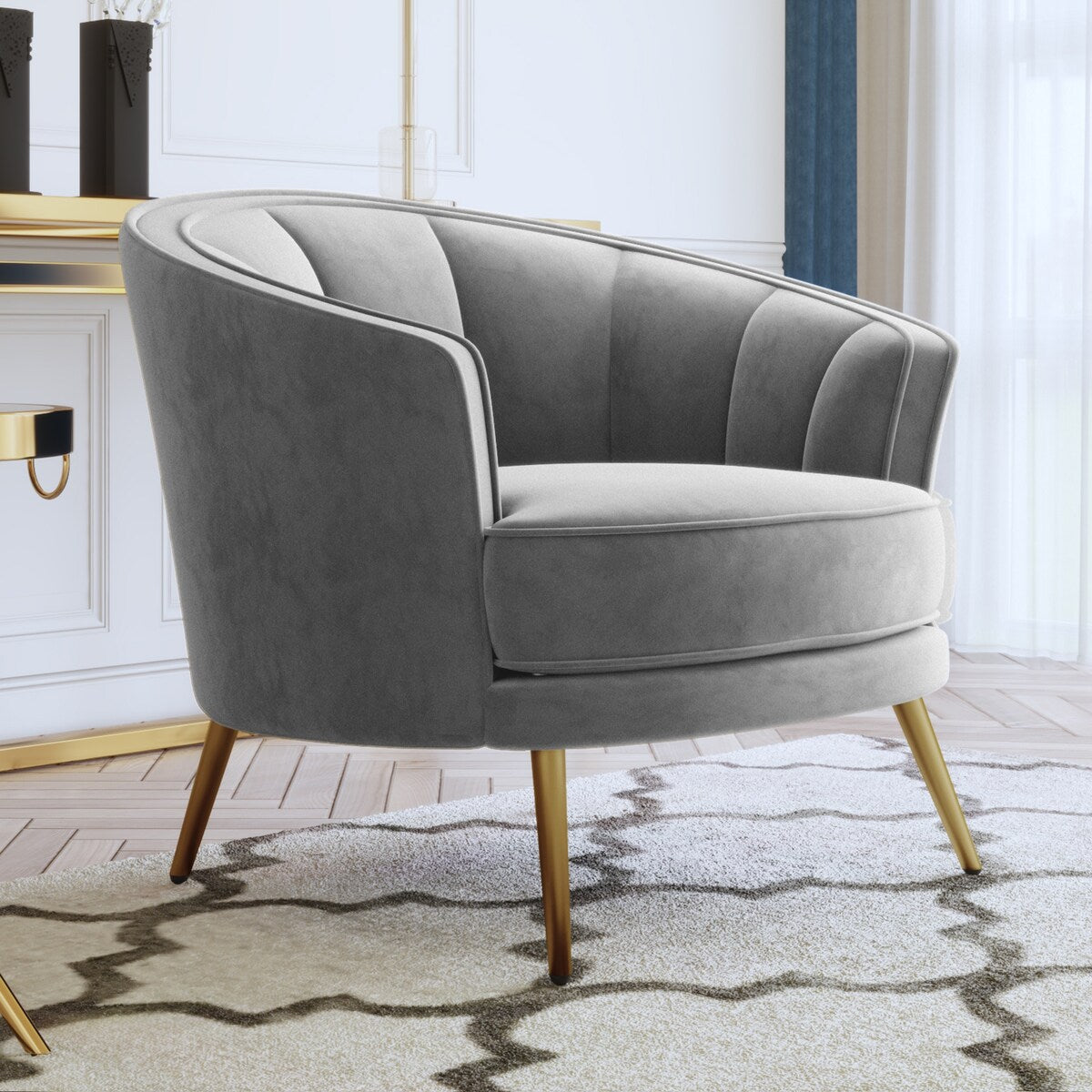 Modern Leisure Velvet Upholstered Accent Barrel Chair with Metal Legs