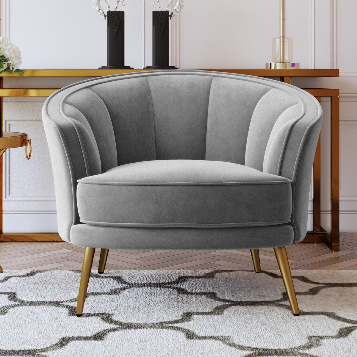 Modern Leisure Velvet Upholstered Accent Barrel Chair with Metal Legs