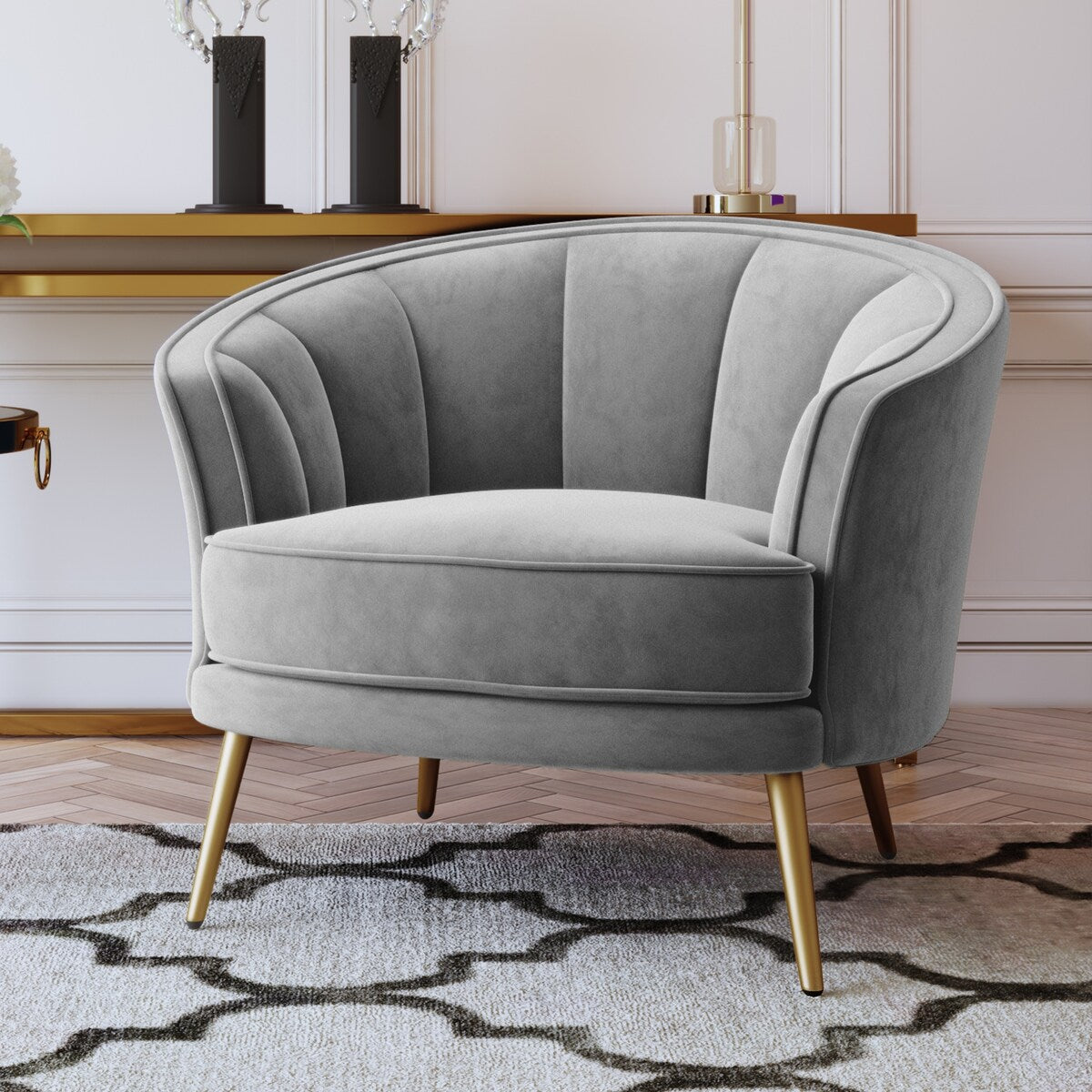 Modern Leisure Velvet Upholstered Accent Barrel Chair with Metal Legs