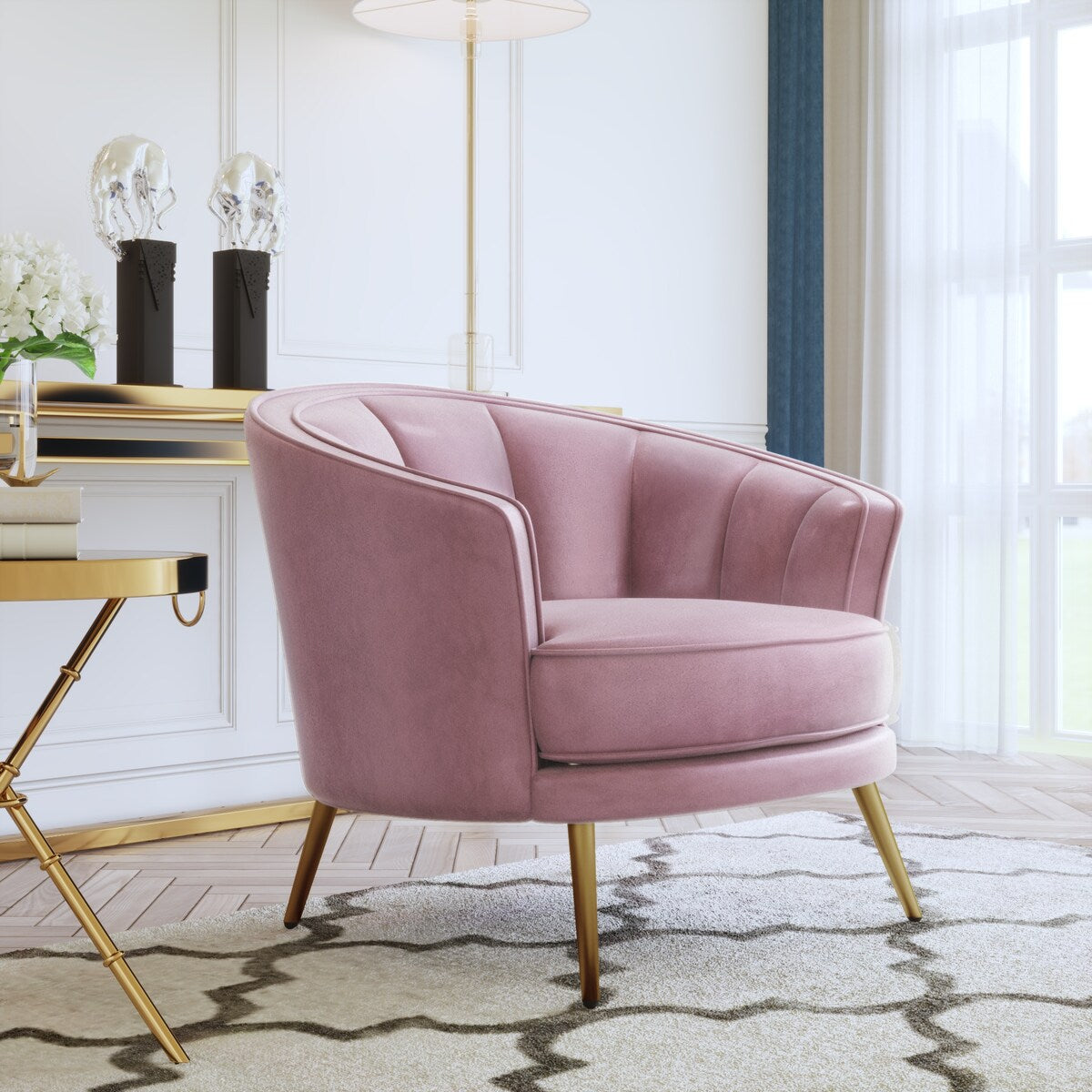 Modern Leisure Velvet Upholstered Accent Barrel Chair with Metal Legs