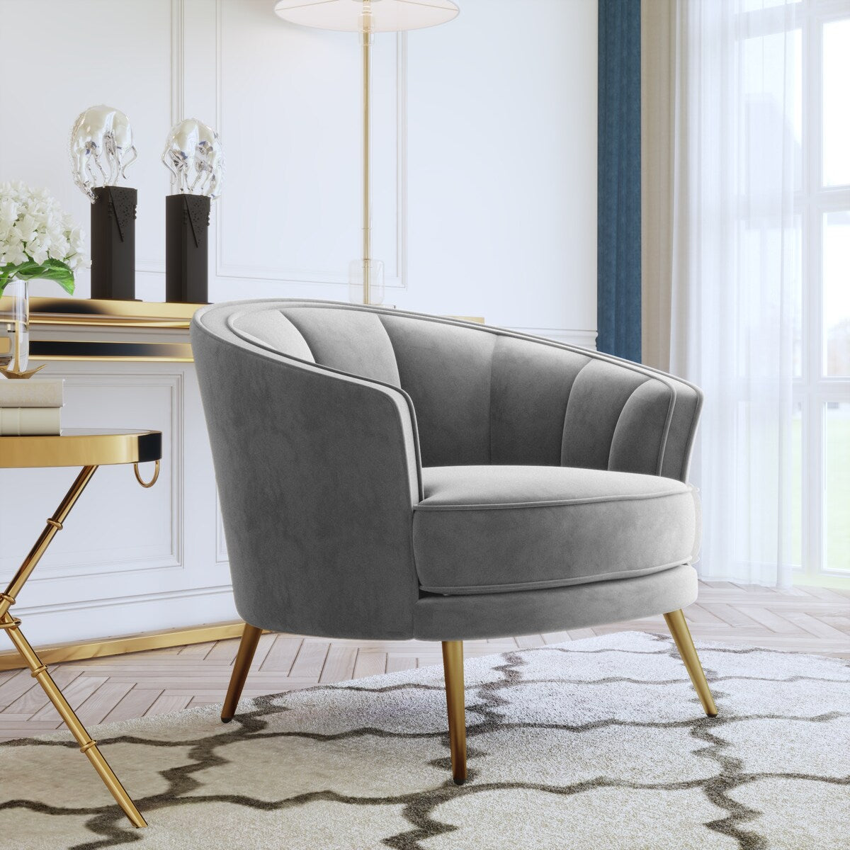Modern Leisure Velvet Upholstered Accent Barrel Chair with Metal Legs