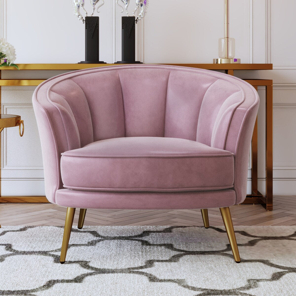 Modern Leisure Velvet Upholstered Accent Barrel Chair with Metal Legs