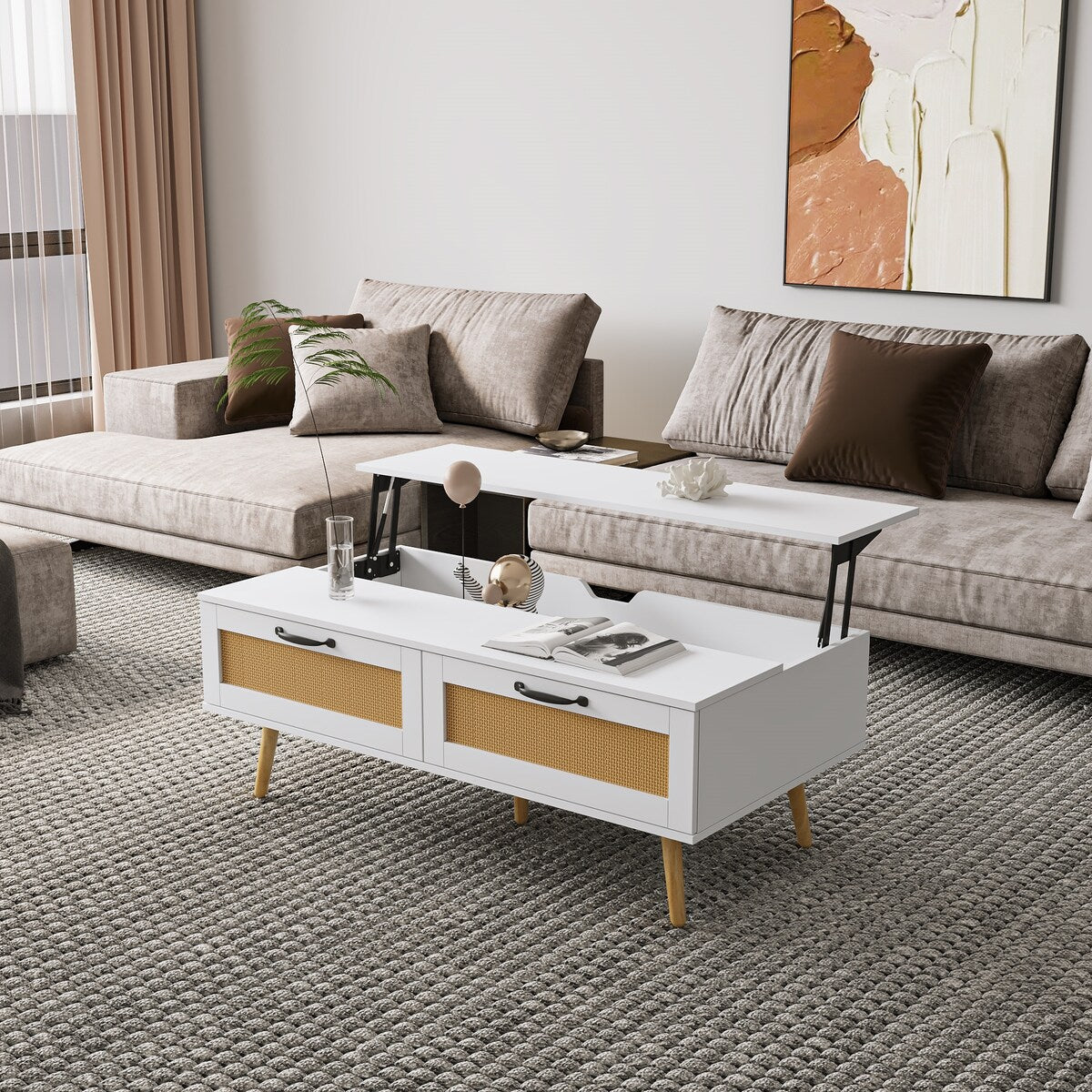 Modern Lift Top Coffee Table with Storage Drawers for Living Room