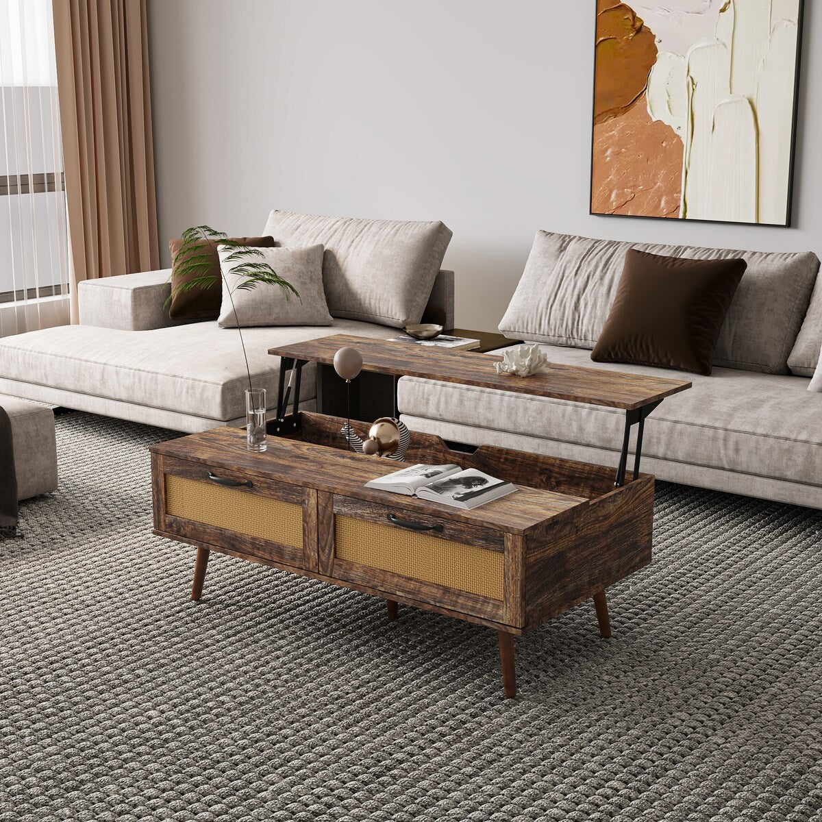 Modern Lift Top Coffee Table with Storage Drawers for Living Room