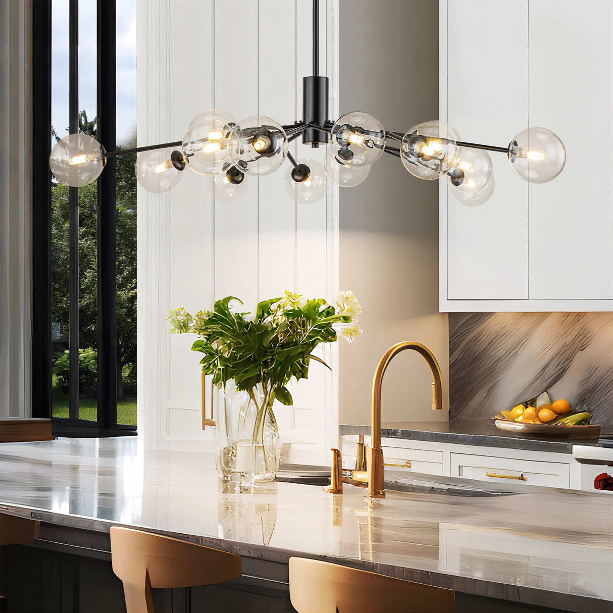 Modern Linear Sputnik Cluster Clear Glass Globe Bubble Branch Chandelier for Dining Room