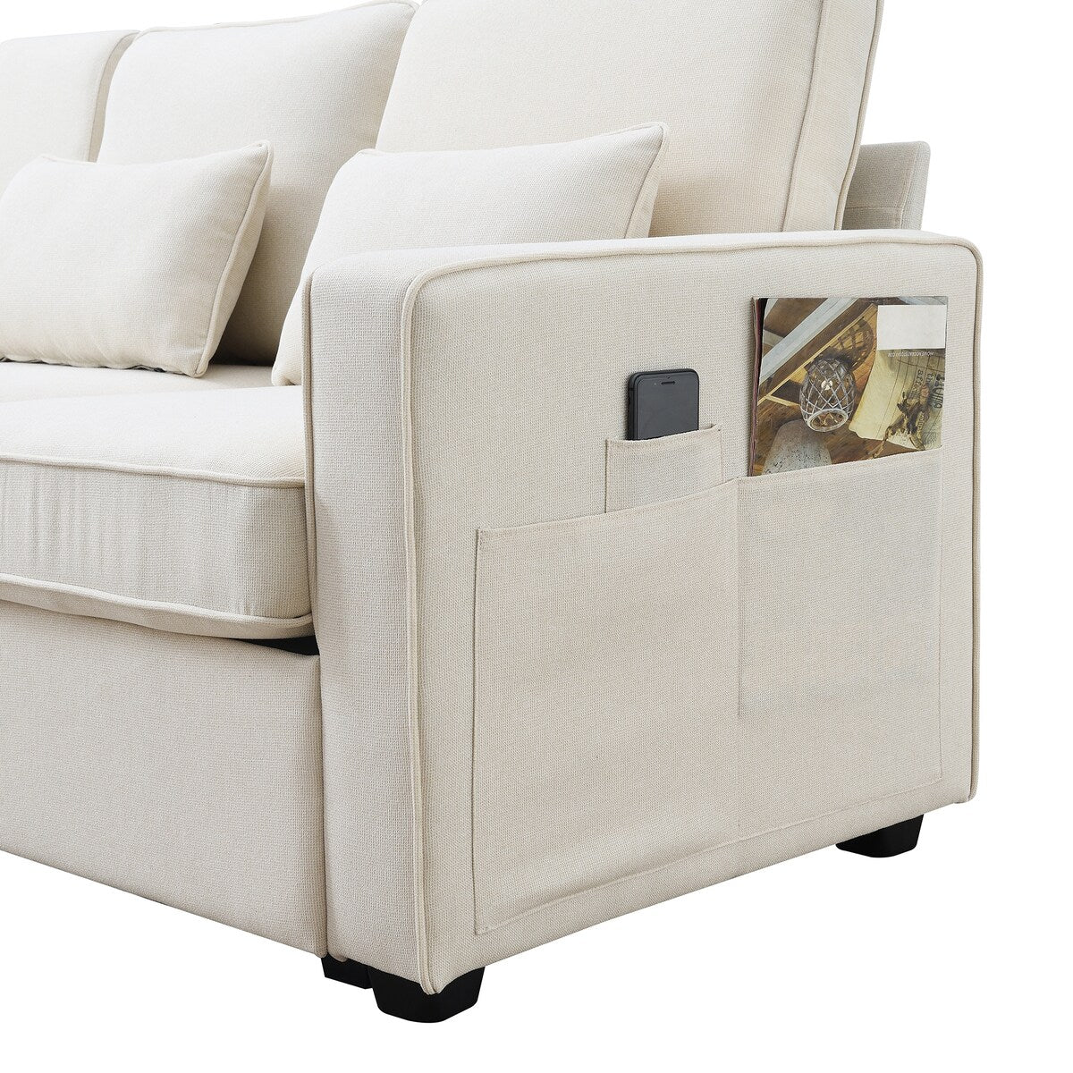 Modern Linen Fabric Upholstered Sofa with Console, 4Pillows,Cupholders,USB,Beige
