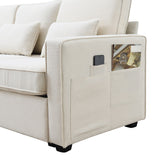 Modern Linen Fabric Upholstered Sofa with Console, 4Pillows,Cupholders,USB,Beige