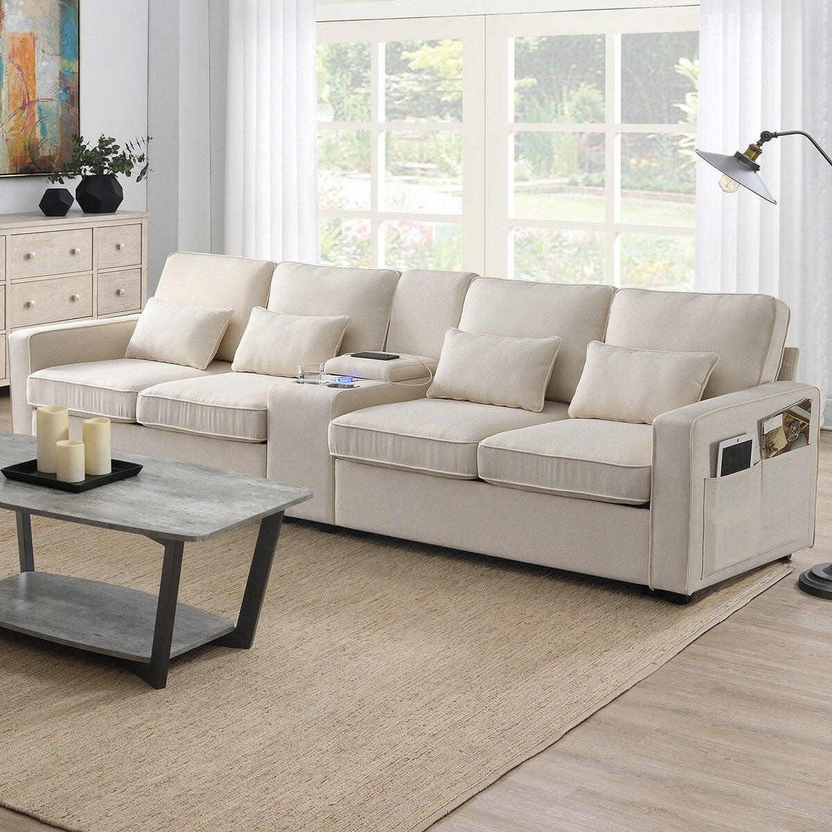 Modern Linen Fabric Upholstered Sofa with Console, 4Pillows,Cupholders,USB,Beige