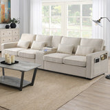 Modern Linen Fabric Upholstered Sofa with Console, 4Pillows,Cupholders,USB,Beige