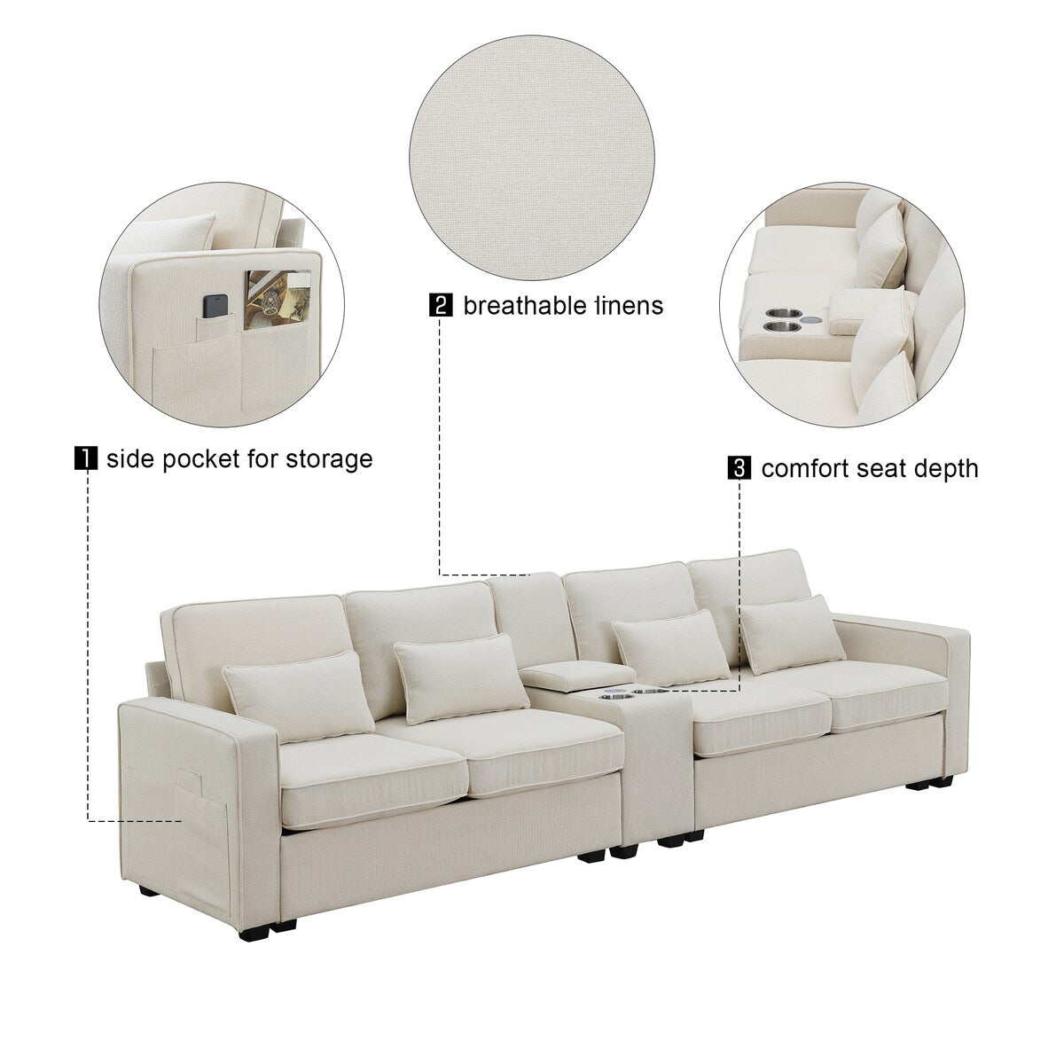 Modern Linen Fabric Upholstered Sofa with Console, 4Pillows,Cupholders,USB,Beige