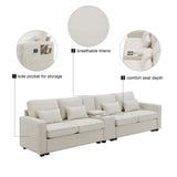 Modern Linen Fabric Upholstered Sofa with Console, 4Pillows,Cupholders,USB,Beige