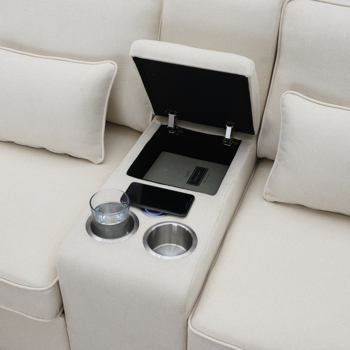 Modern Linen Fabric Upholstered Sofa with Console, 4Pillows,Cupholders,USB,Beige