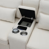 Modern Linen Fabric Upholstered Sofa with Console, 4Pillows,Cupholders,USB,Beige