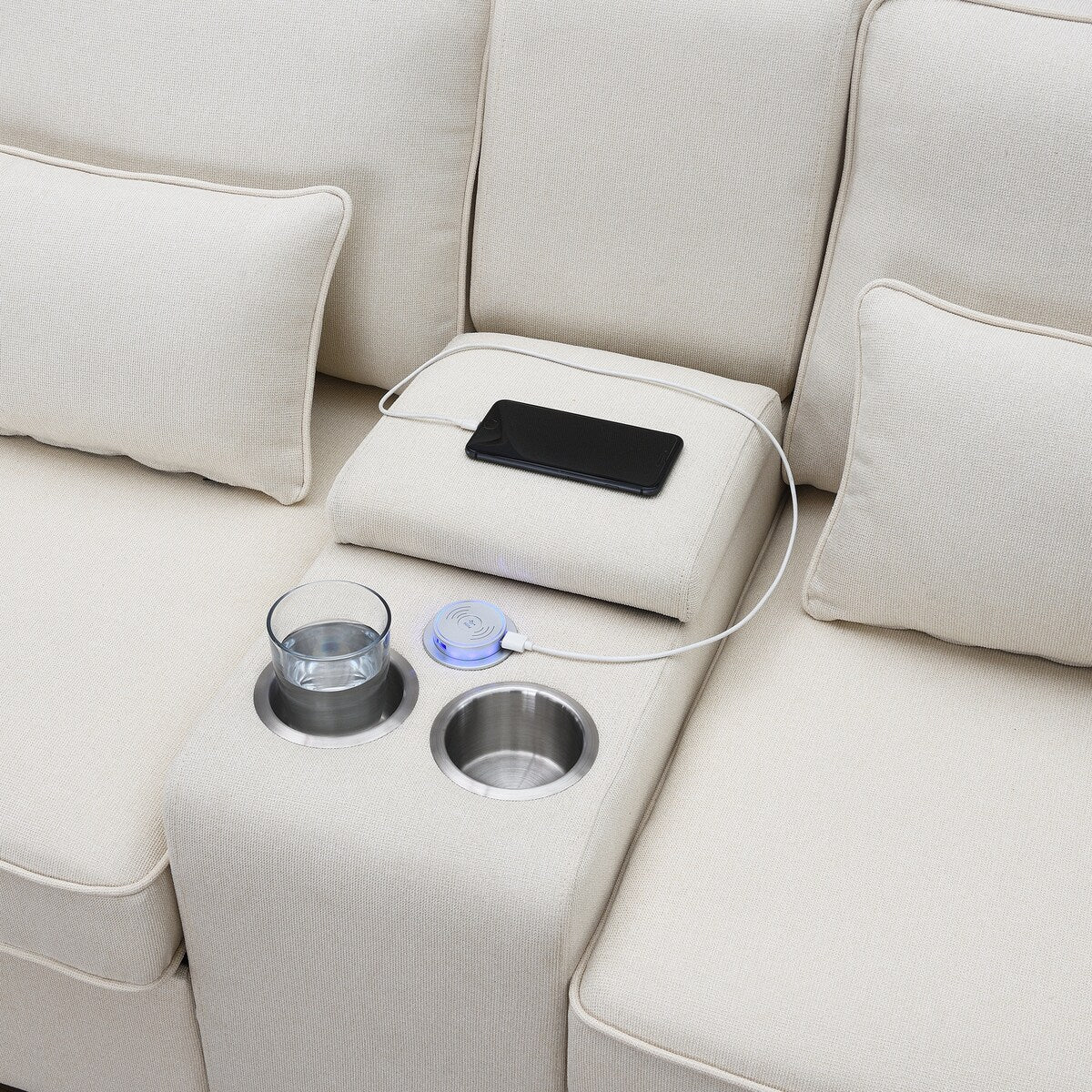 Modern Linen Fabric Upholstered Sofa with Console, 4Pillows,Cupholders,USB,Beige
