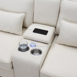Modern Linen Fabric Upholstered Sofa with Console, 4Pillows,Cupholders,USB,Beige