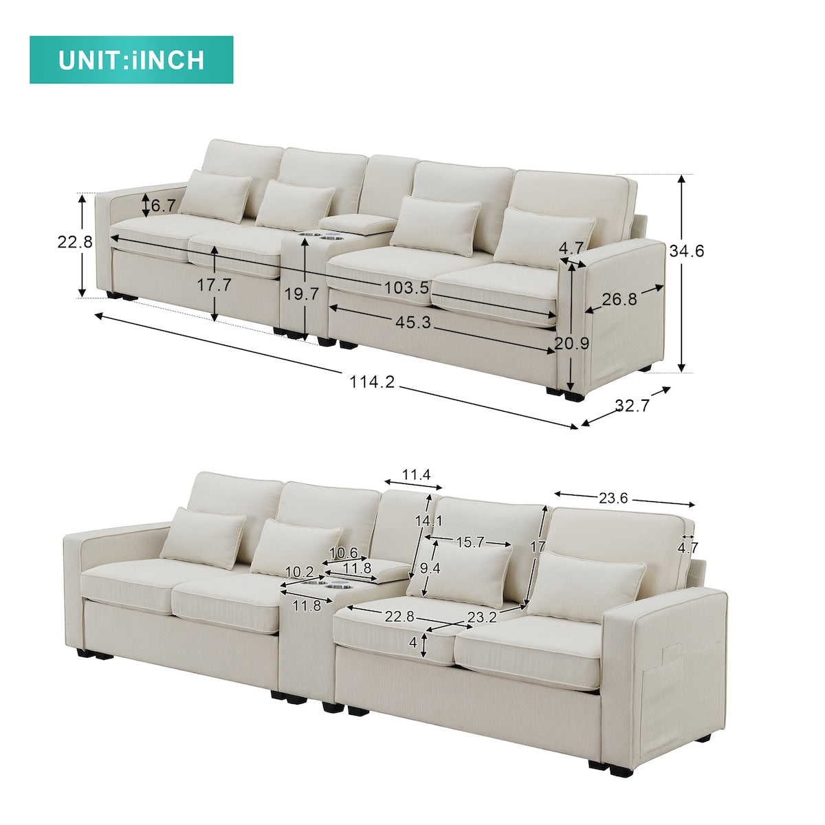 Modern Linen Fabric Upholstered Sofa with Console, 4Pillows,Cupholders,USB,Beige