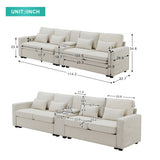 Modern Linen Fabric Upholstered Sofa with Console, 4Pillows,Cupholders,USB,Beige