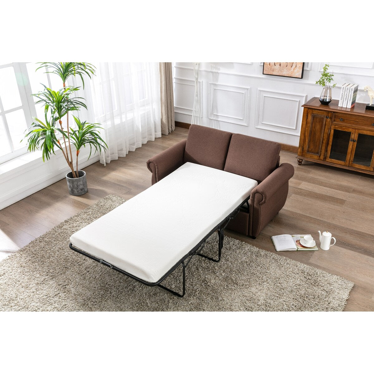 Modern Linen Upholstered Sleeper Sofa with Mattress, Sturdy Solid Wood Frame, Cushion Backres, Wood Feet, Rolled Armrests