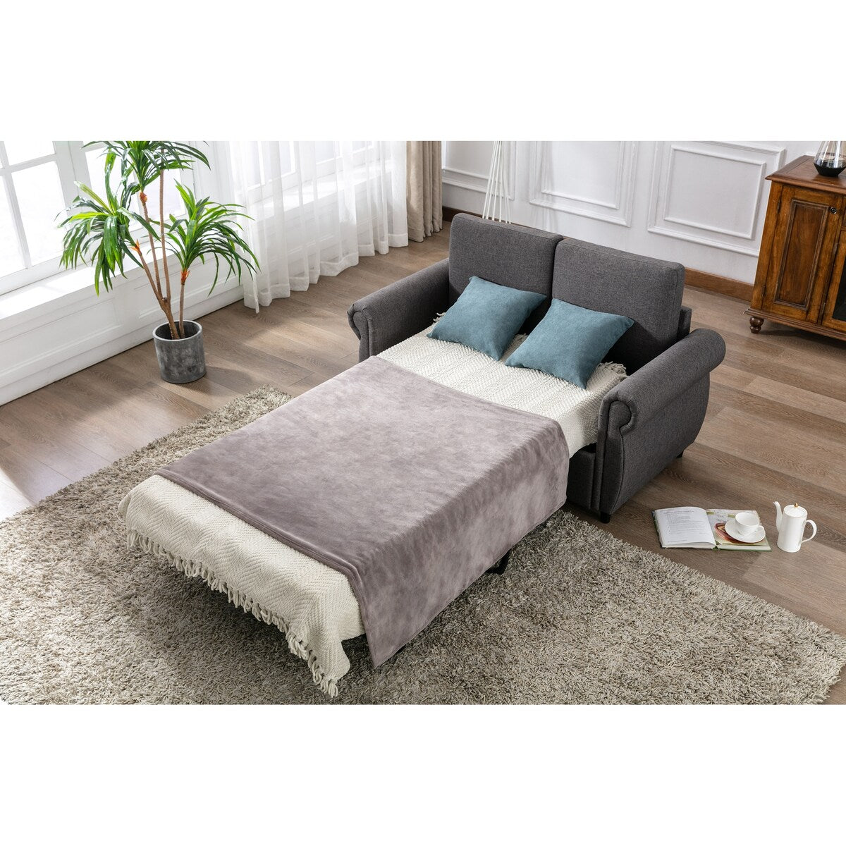 Modern Linen Upholstered Sleeper Sofa with Mattress, Sturdy Solid Wood Frame, Cushion Backres, Wood Feet, Rolled Armrests