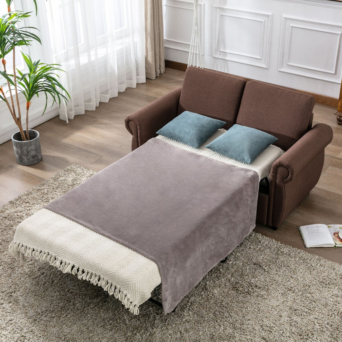 Modern Linen Upholstered Sleeper Sofa with Mattress, Sturdy Solid Wood Frame, Cushion Backres, Wood Feet, Rolled Armrests