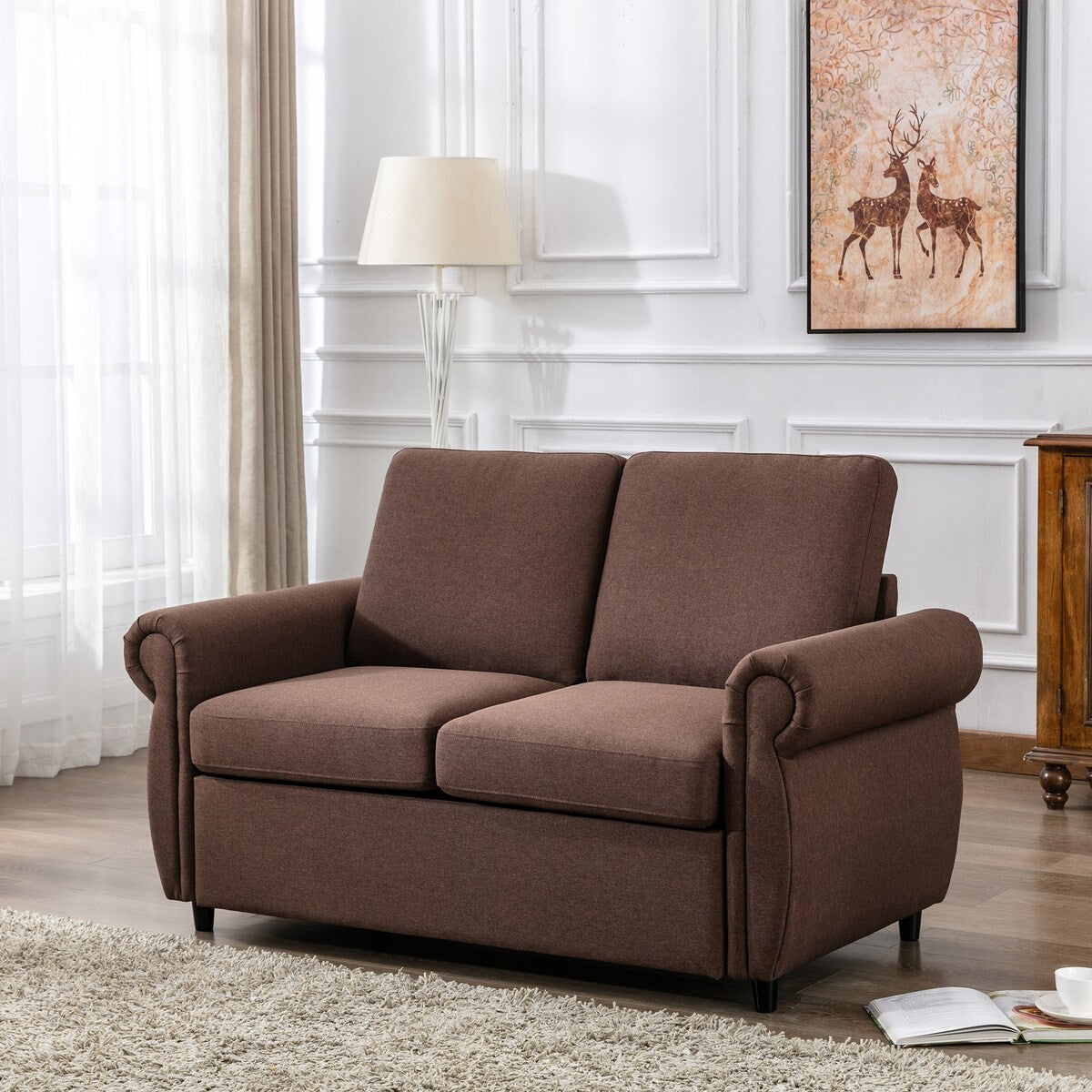 Modern Linen Upholstered Sleeper Sofa with Mattress, Sturdy Solid Wood Frame, Cushion Backres, Wood Feet, Rolled Armrests
