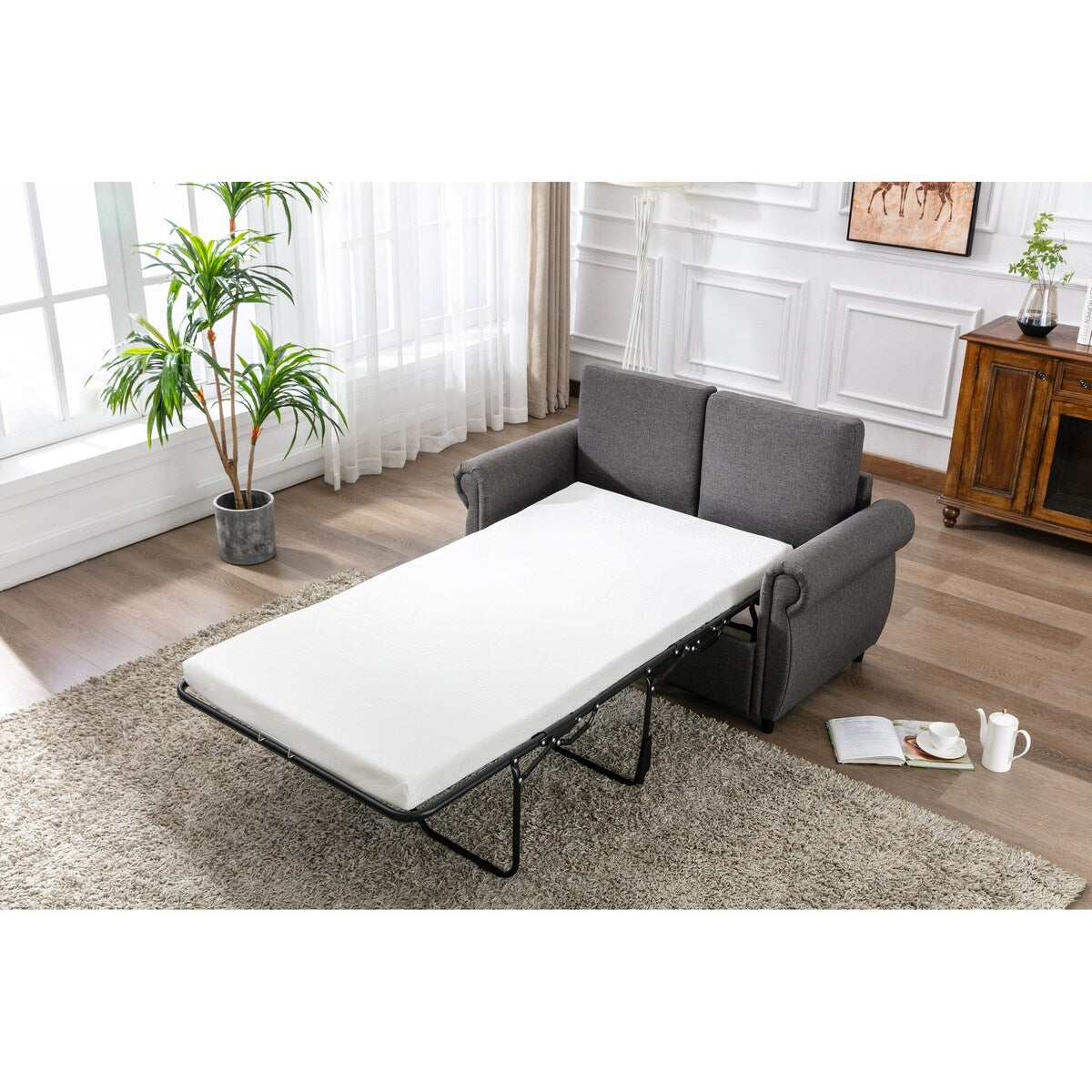 Modern Linen Upholstered Sleeper Sofa with Mattress, Sturdy Solid Wood Frame, Cushion Backres, Wood Feet, Rolled Armrests