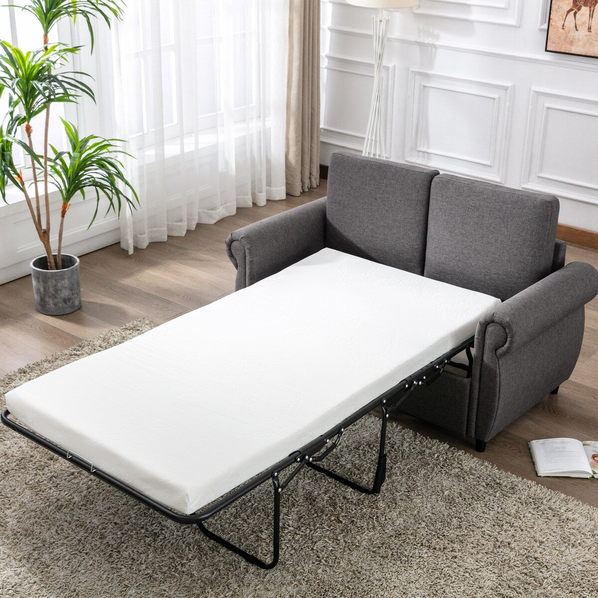 Modern Linen Upholstered Sleeper Sofa with Mattress, Sturdy Solid Wood Frame, Cushion Backres, Wood Feet, Rolled Armrests