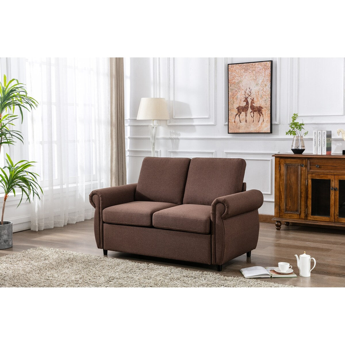Modern Linen Upholstered Sleeper Sofa with Mattress, Sturdy Solid Wood Frame, Cushion Backres, Wood Feet, Rolled Armrests