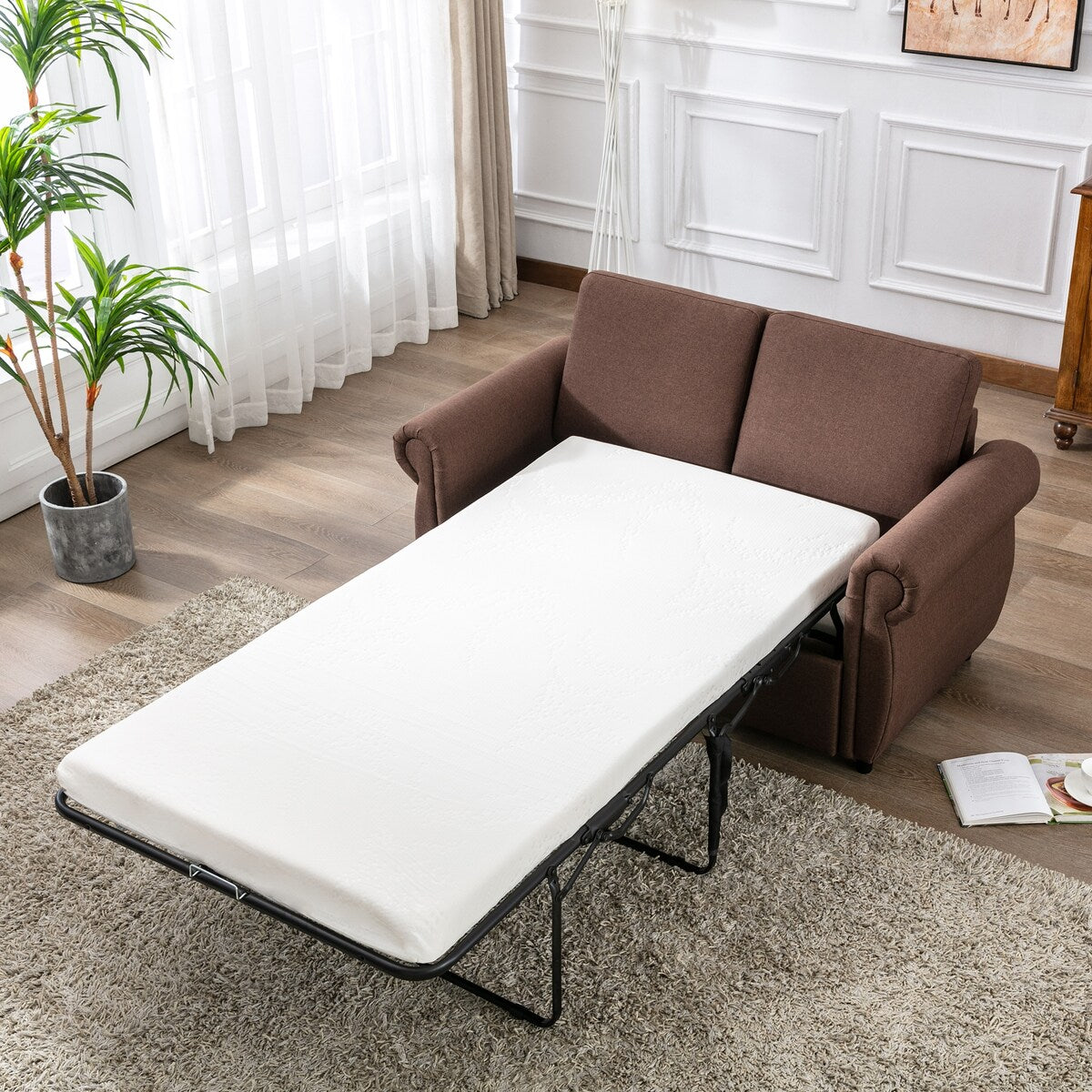 Modern Linen Upholstered Sleeper Sofa with Mattress, Sturdy Solid Wood Frame, Cushion Backres, Wood Feet, Rolled Armrests