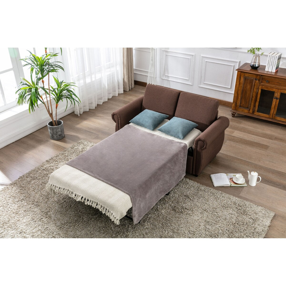 Modern Linen Upholstered Sleeper Sofa with Mattress, Sturdy Solid Wood Frame, Cushion Backres, Wood Feet, Rolled Armrests