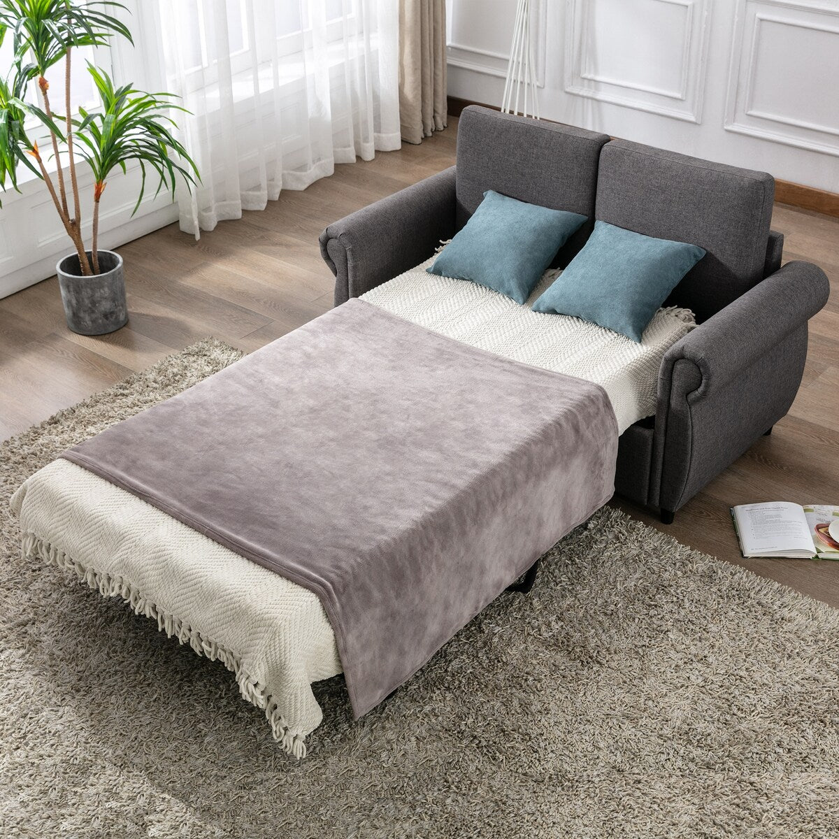 Modern Linen Upholstered Sleeper Sofa with Mattress, Sturdy Solid Wood Frame, Cushion Backres, Wood Feet, Rolled Armrests