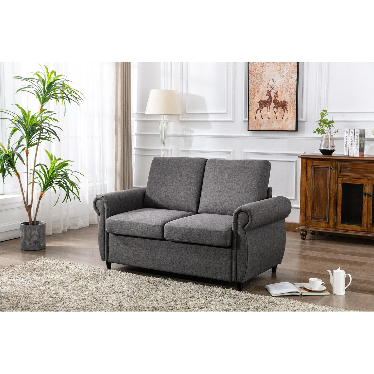 Modern Linen Upholstered Sleeper Sofa with Mattress, Sturdy Solid Wood Frame, Cushion Backres, Wood Feet, Rolled Armrests