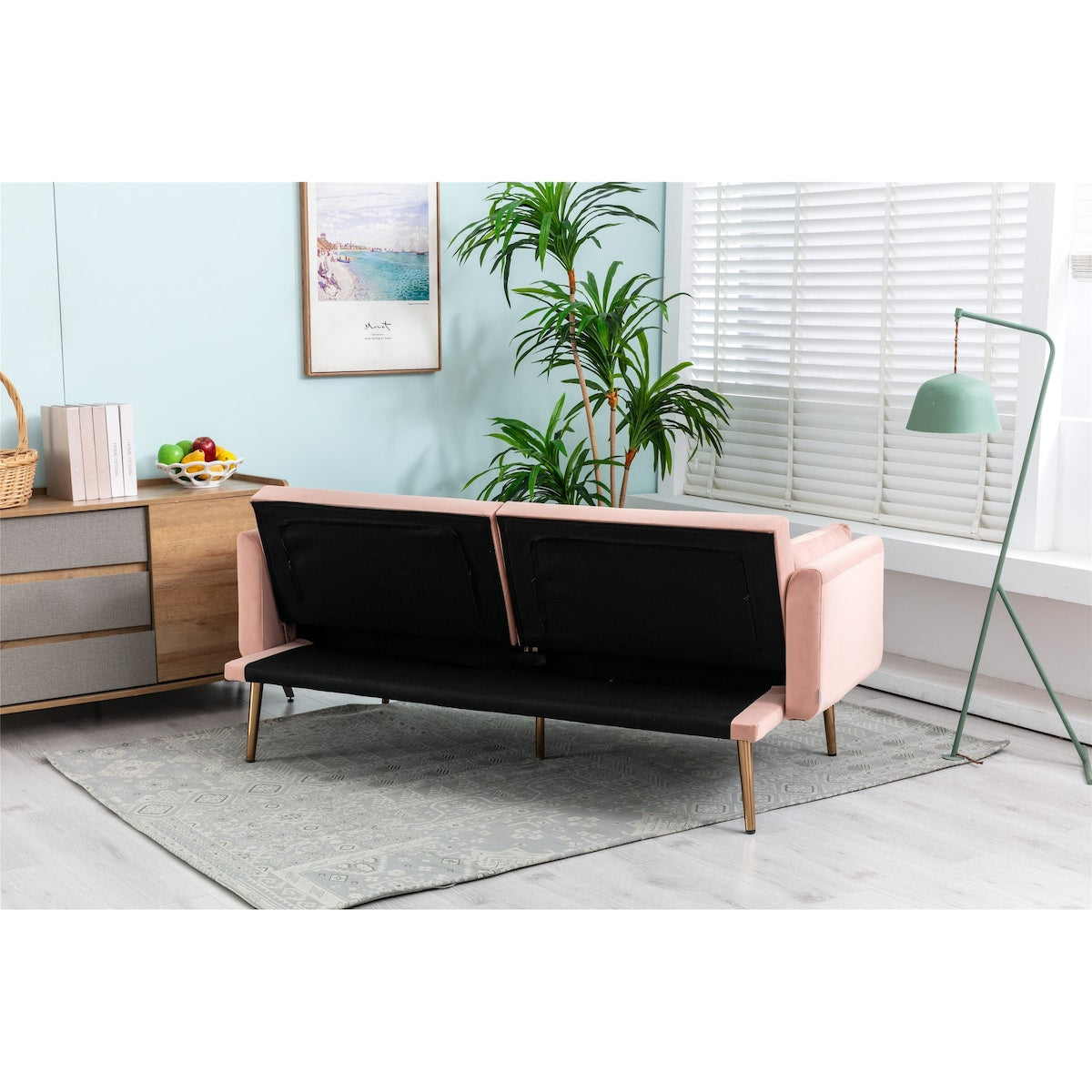 Modern Loveseat Sofa Accent Sofa, Comfort Velvet Convertible Futon Sofa & Sofa Bed with Metal Feet and Adjustable Backrest