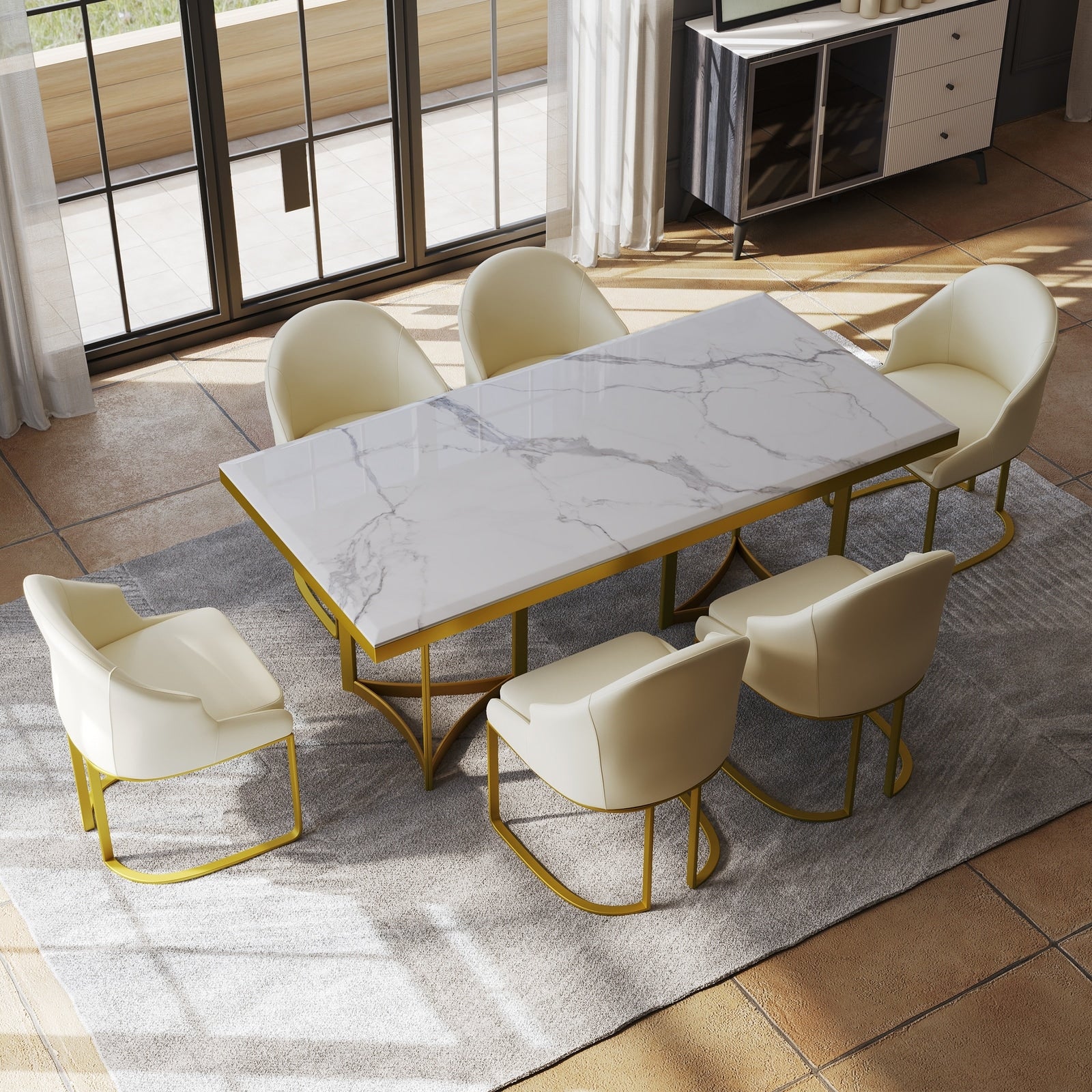 Modern Marble Dining Table with White Rectangular Tabletop Gold Stainless Legs Dining Room Table