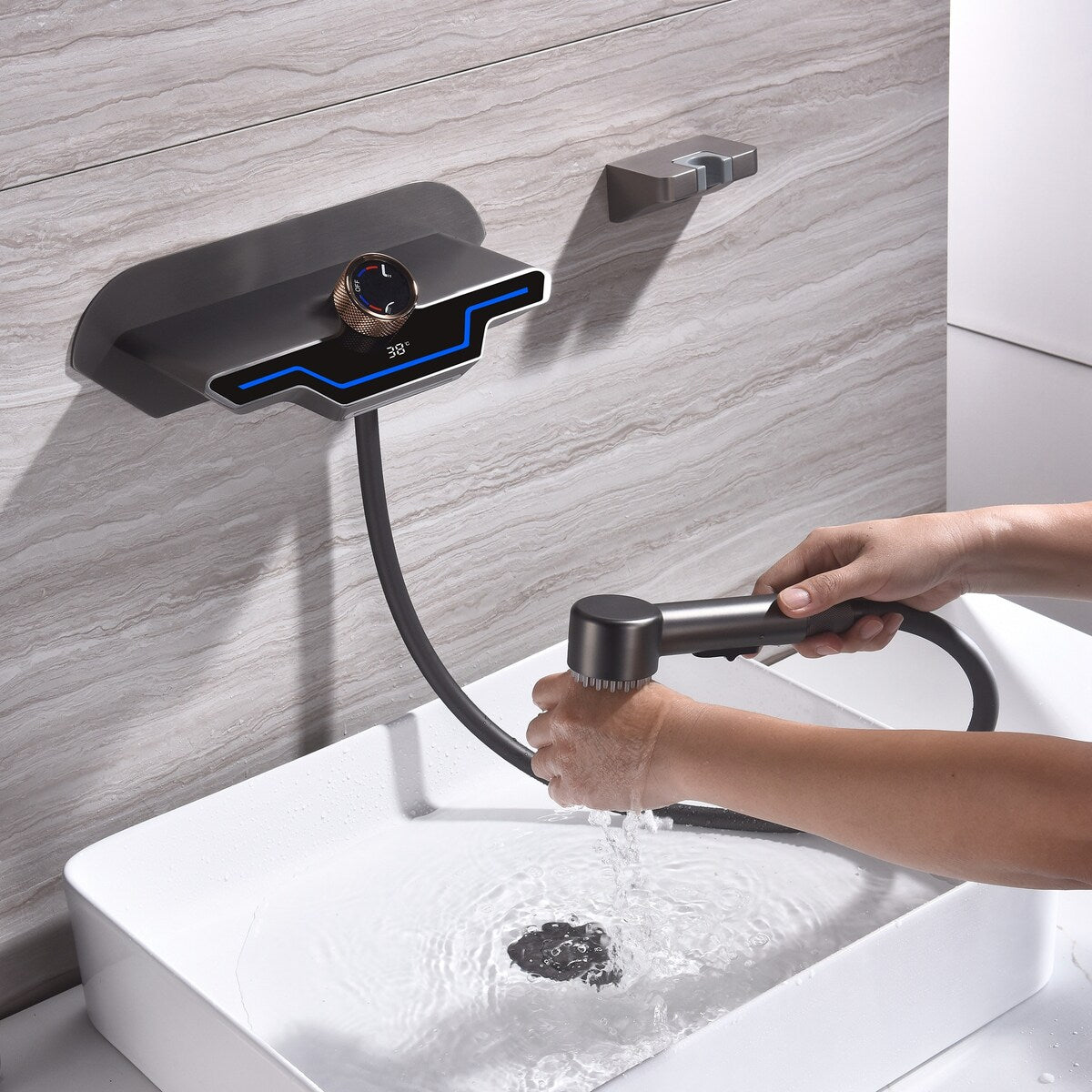 Modern Matte Black/ White Wall Mount Digital Display Bathroom Faucet includes Hardware