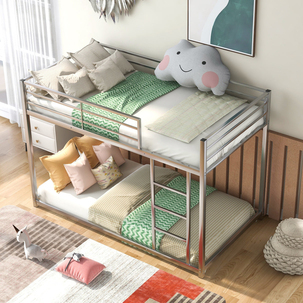 Modern Metal Bunk Bed, Low Bunk Bed with Ladder