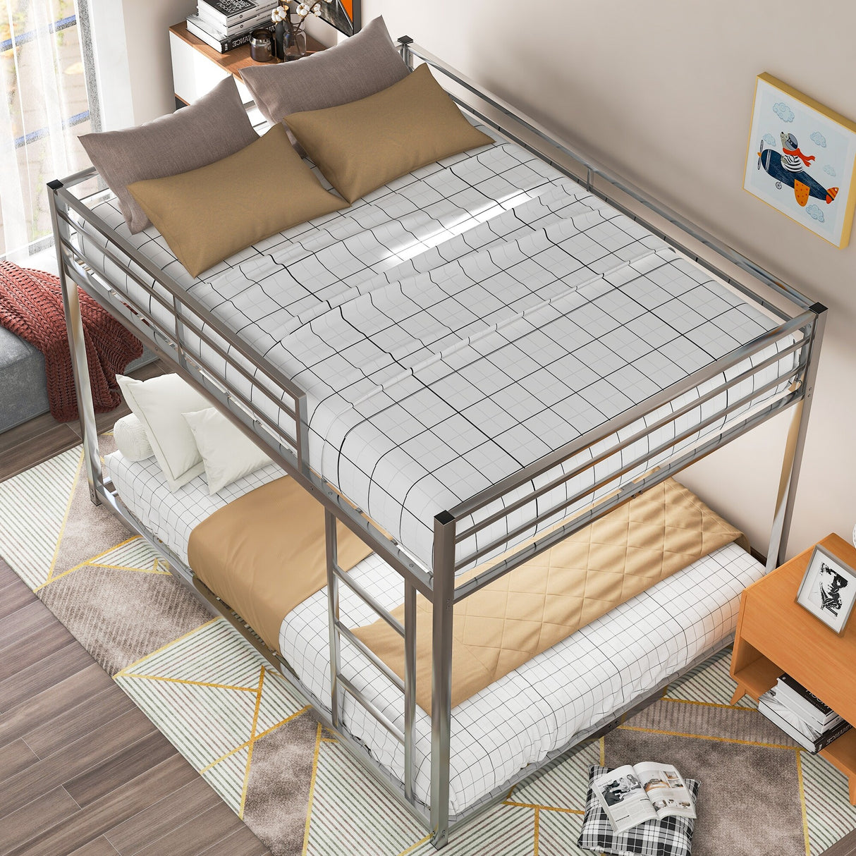 Modern Metal Bunk Bed, Low Bunk Bed with Ladder