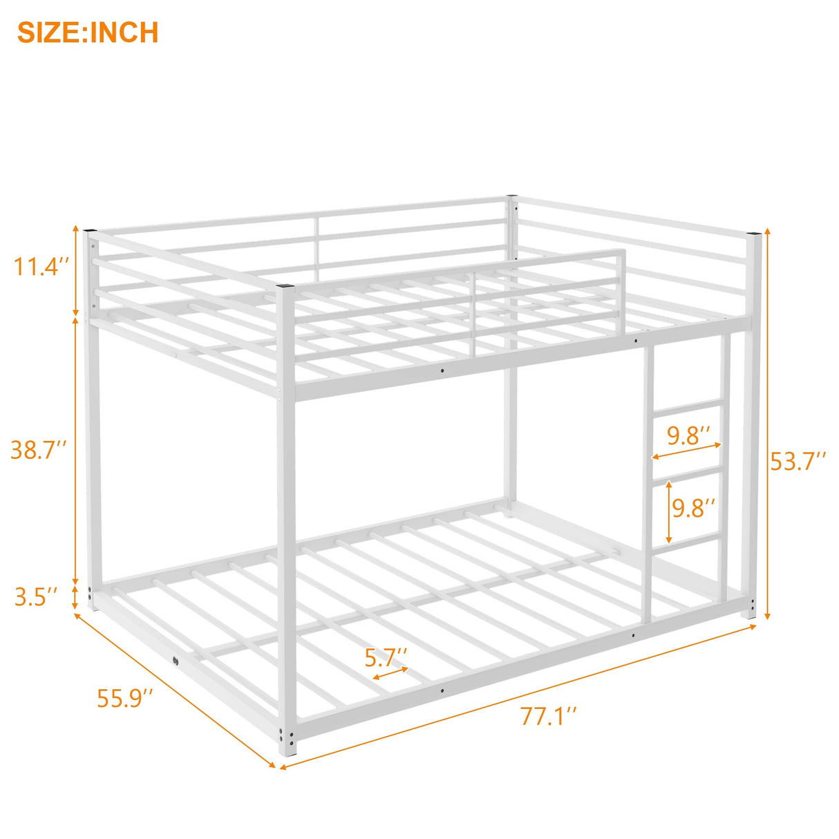 Modern Metal Bunk Bed, Low Bunk Bed with Ladder