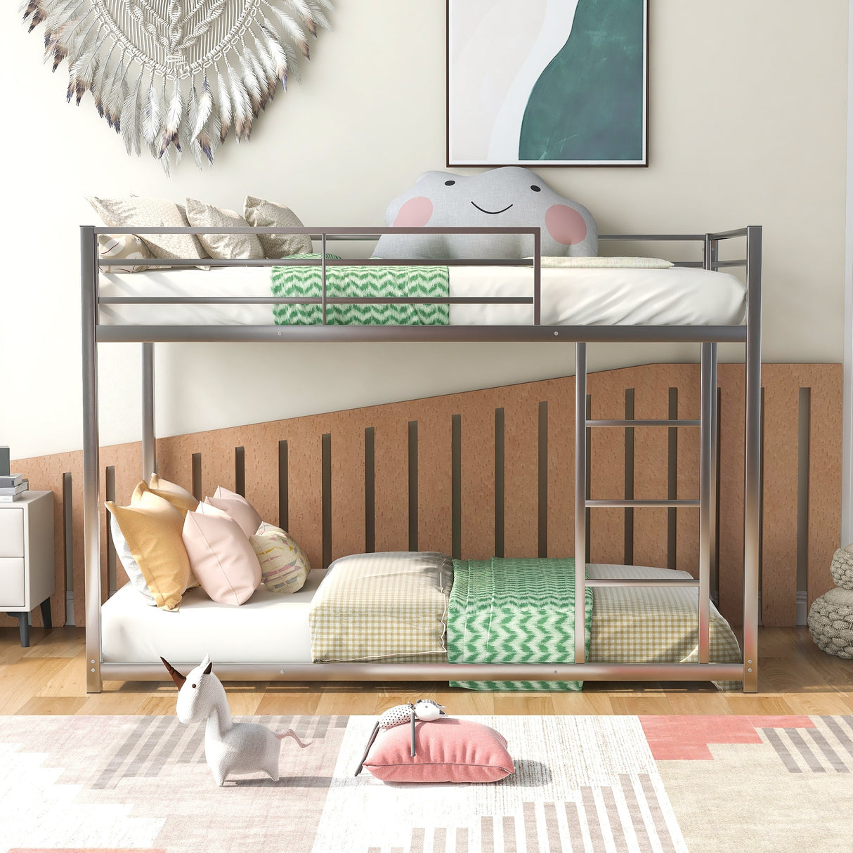 Modern Metal Bunk Bed, Low Bunk Bed with Ladder