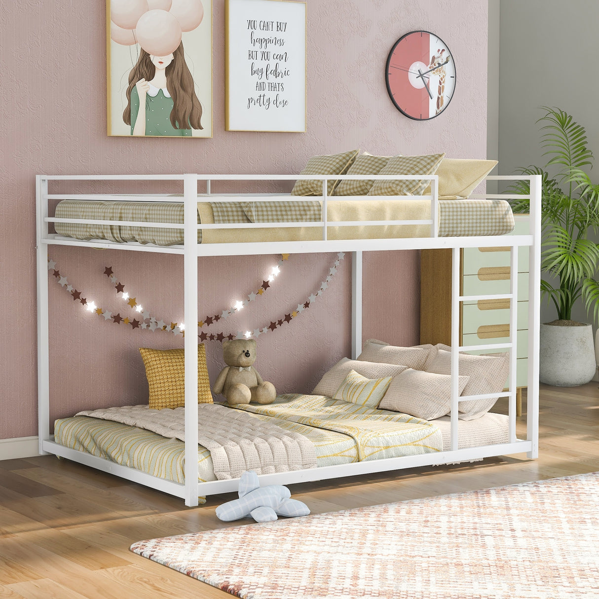 Modern Metal Bunk Bed, Low Bunk Bed with Ladder