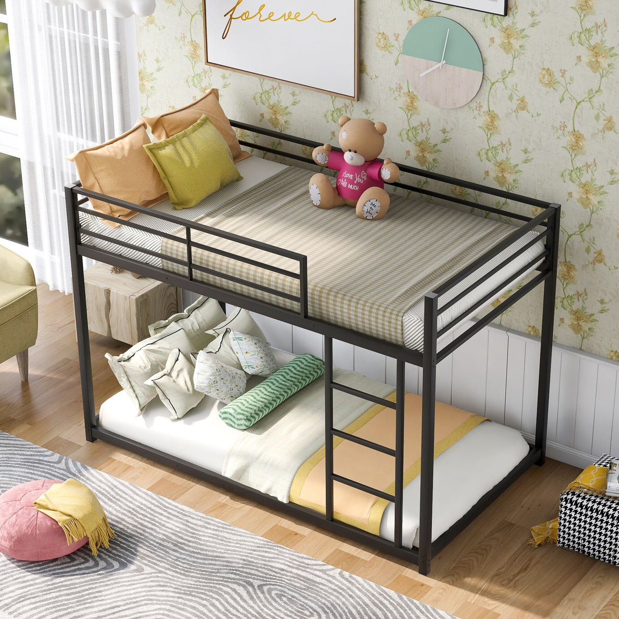 Modern Metal Bunk Bed, Low Bunk Bed with Ladder