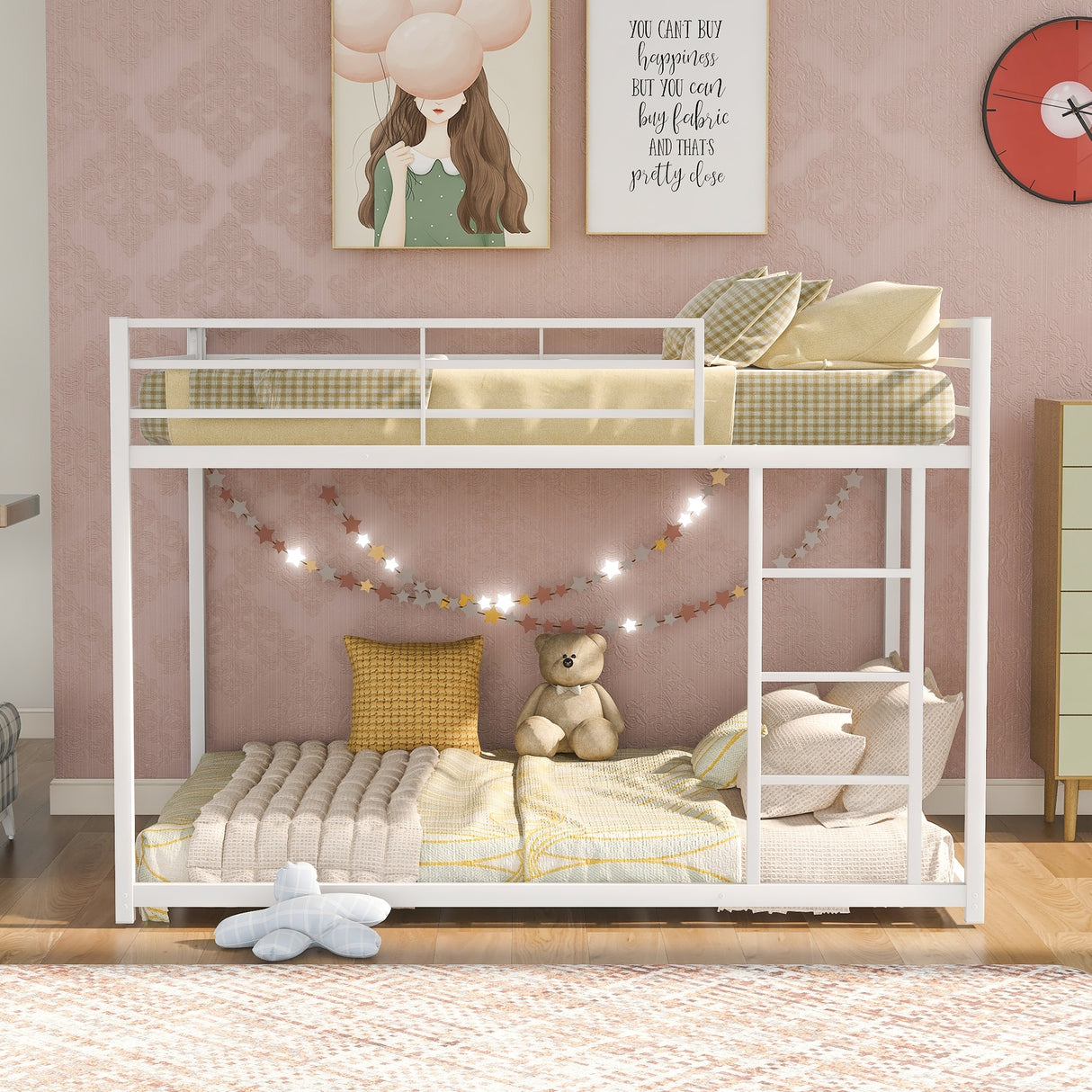 Modern Metal Bunk Bed, Low Bunk Bed with Ladder