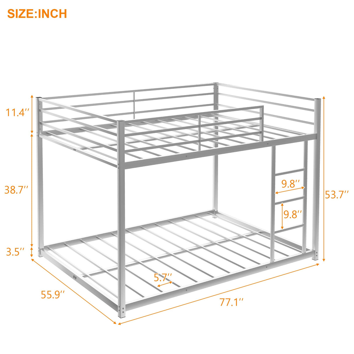 Modern Metal Bunk Bed, Low Bunk Bed with Ladder