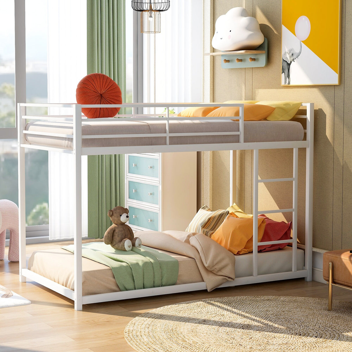 Modern Metal Bunk Bed, Low Bunk Bed with Ladder